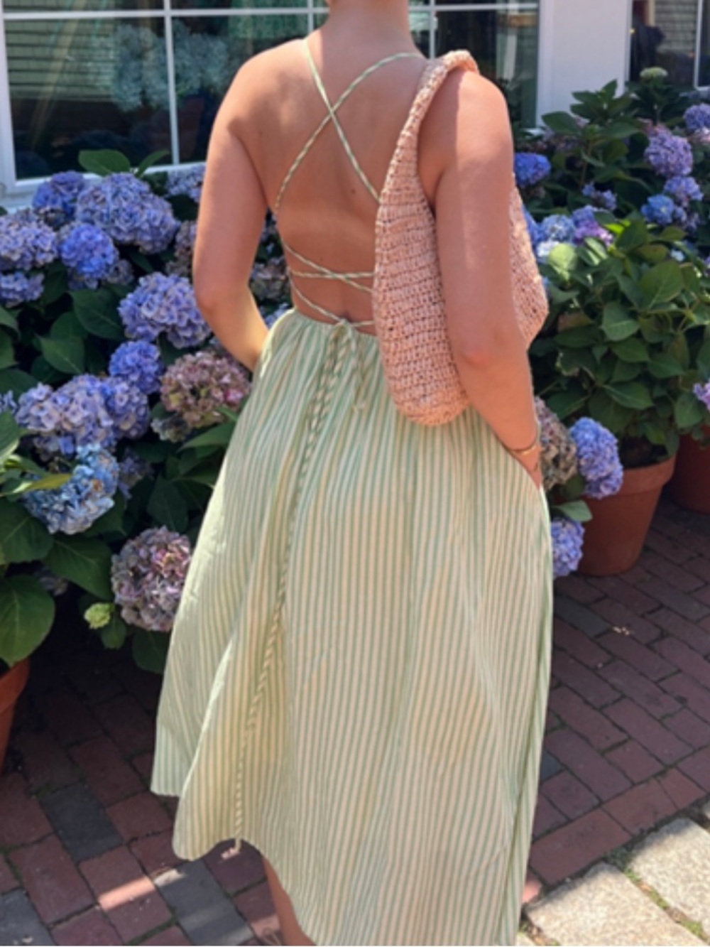 OhSevenDays Green Striped Beth Strappy A-Line Midi Dress Open Lace Up Back